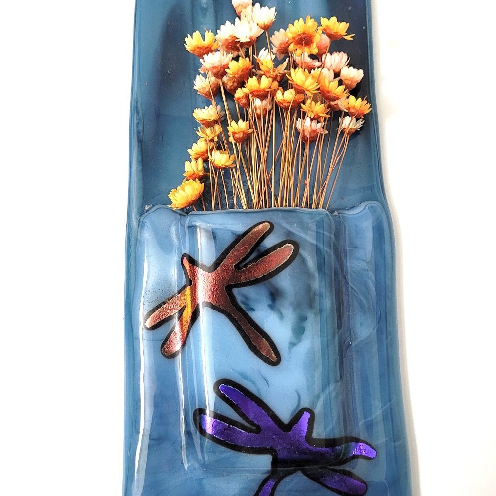 New Blue Glass Hanging Wall Vase with 2 Dichroic Glass Dragonflies and Dried Flo
